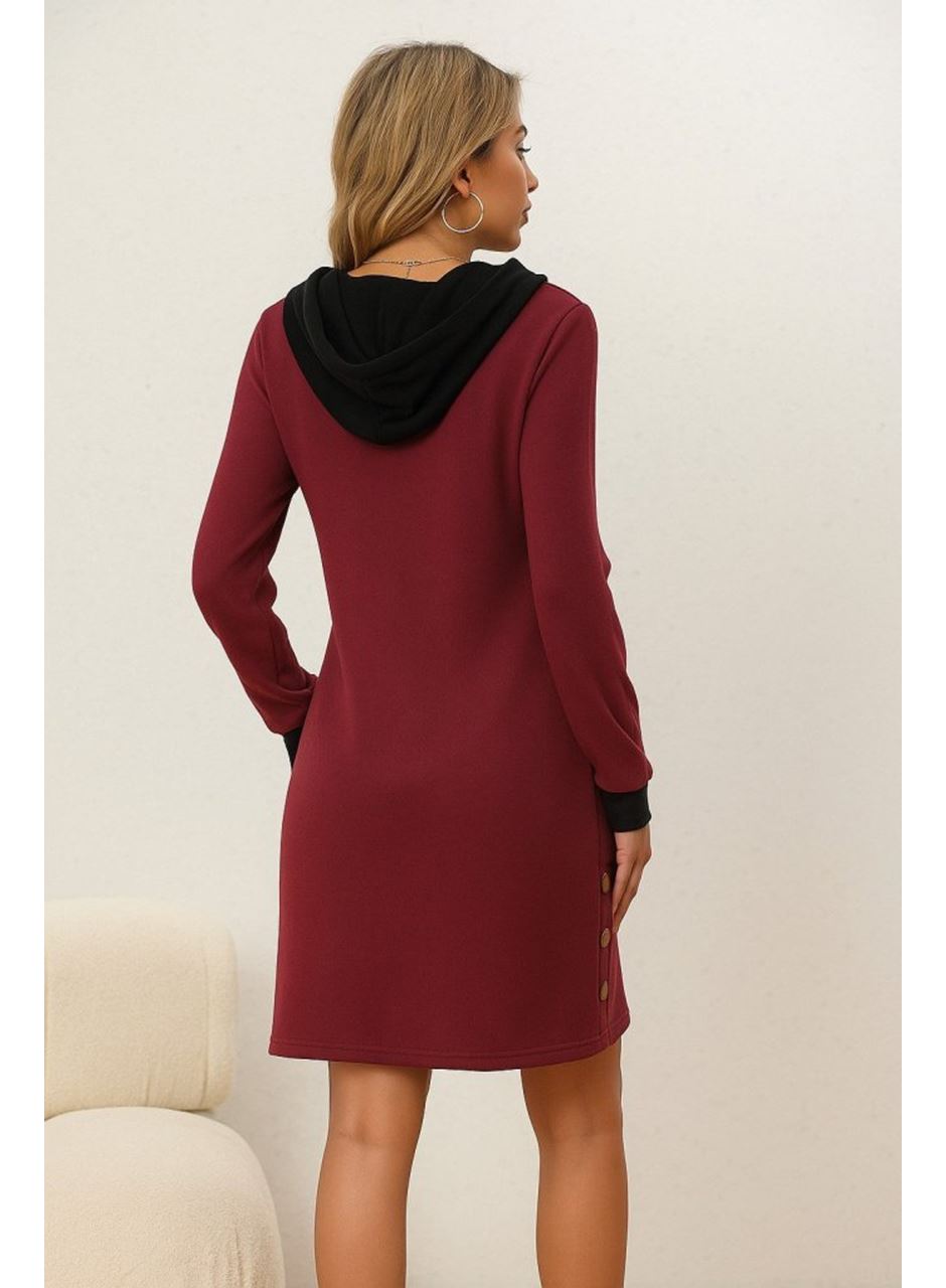 Kadın Uzun Kollu Kapşonlu önden Fermuarlı Düğmeli Mini Iki Iplik Elbise