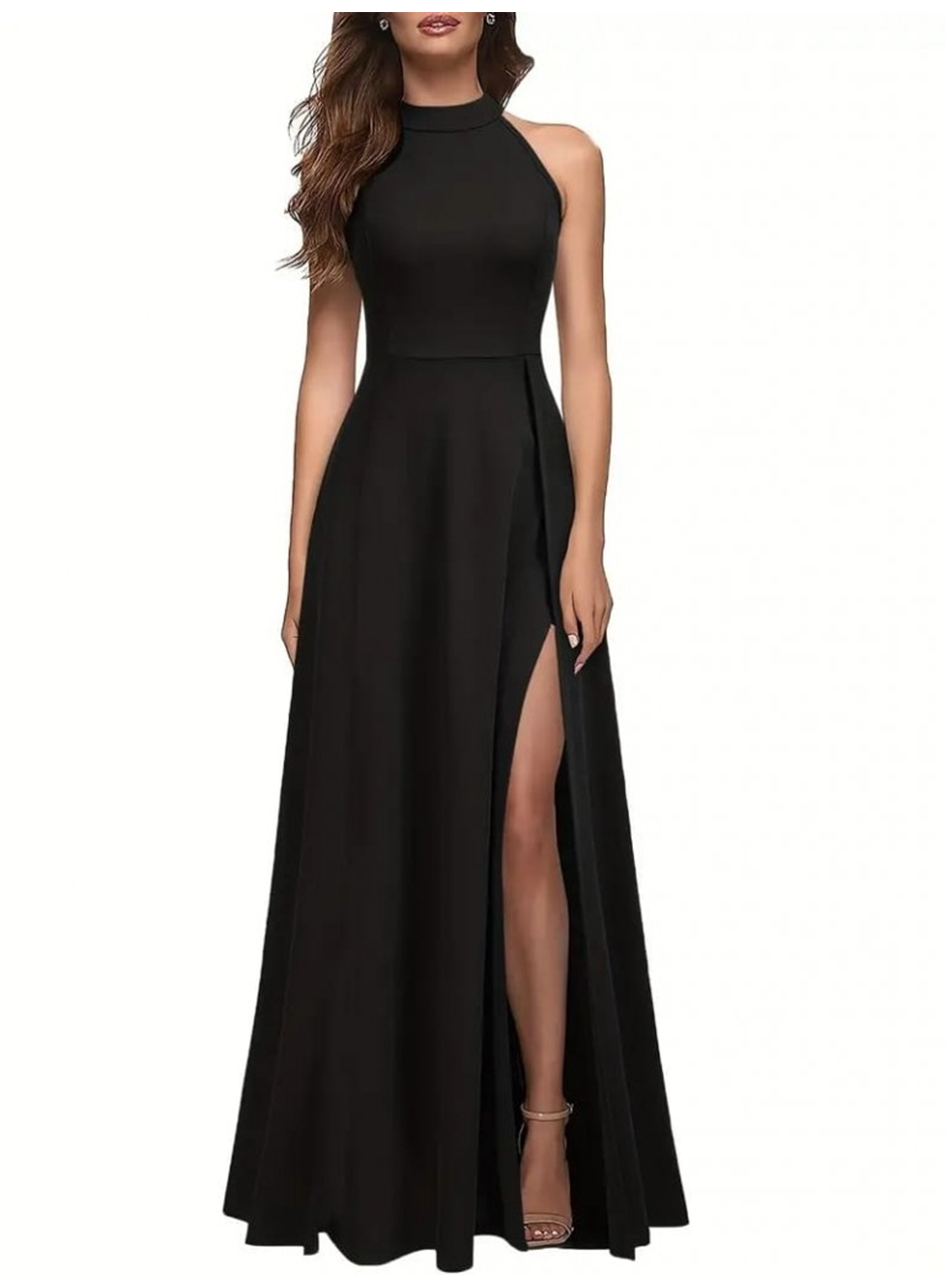 Kadın Halter Yaka Derin Yırtmaç Detaylı Tam Boy Ithal Krep Abiye Elbise