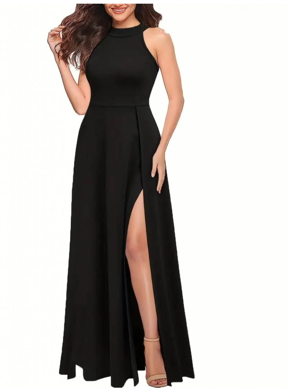 Kadın Halter Yaka Derin Yırtmaç Detaylı Tam Boy Ithal Krep Abiye Elbise