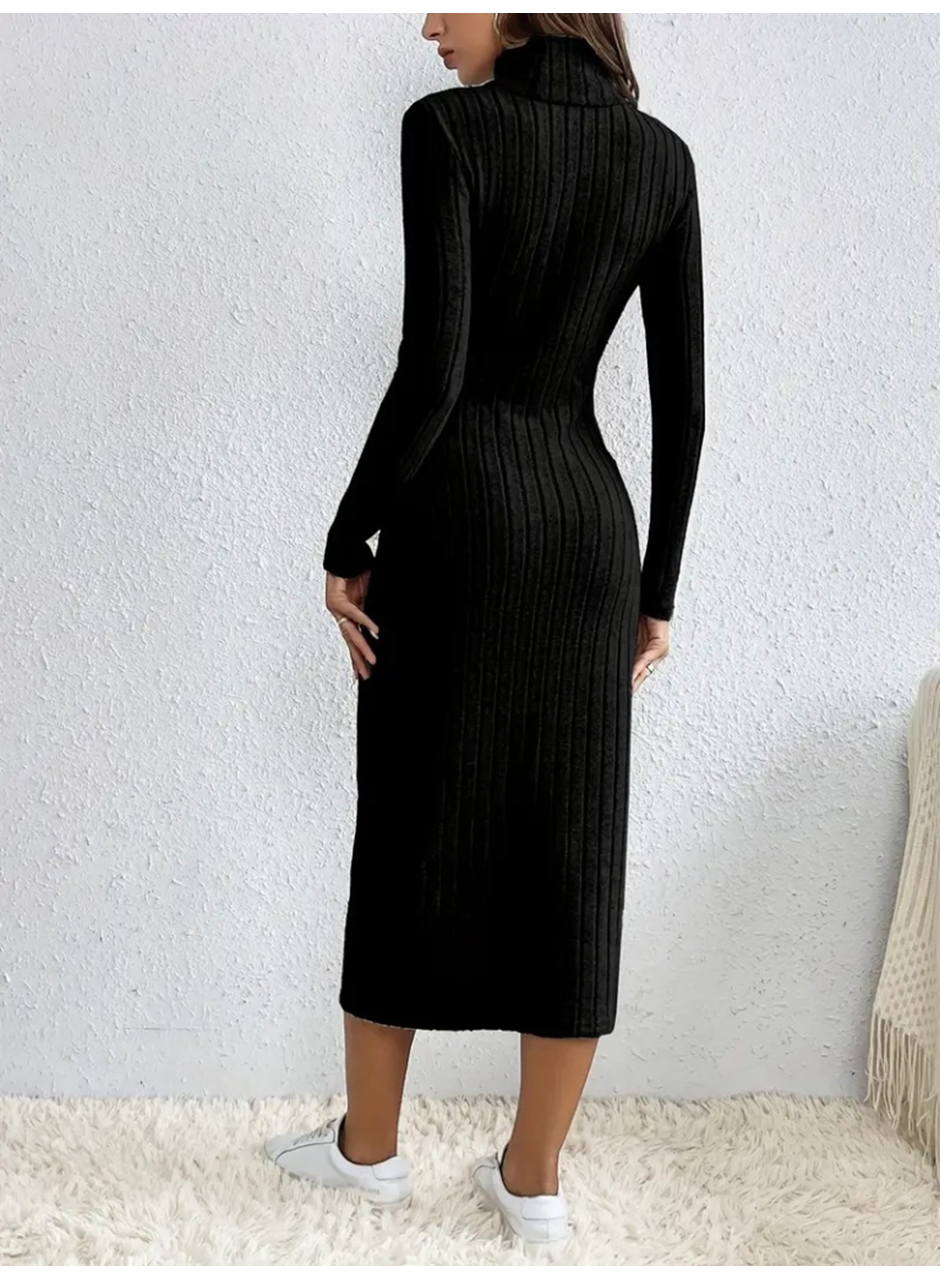 Kadın Uzun Kollu Balıkçı Yaka Yırtmaçlı Düğmeli şardonlu Kaşkorse Elbise