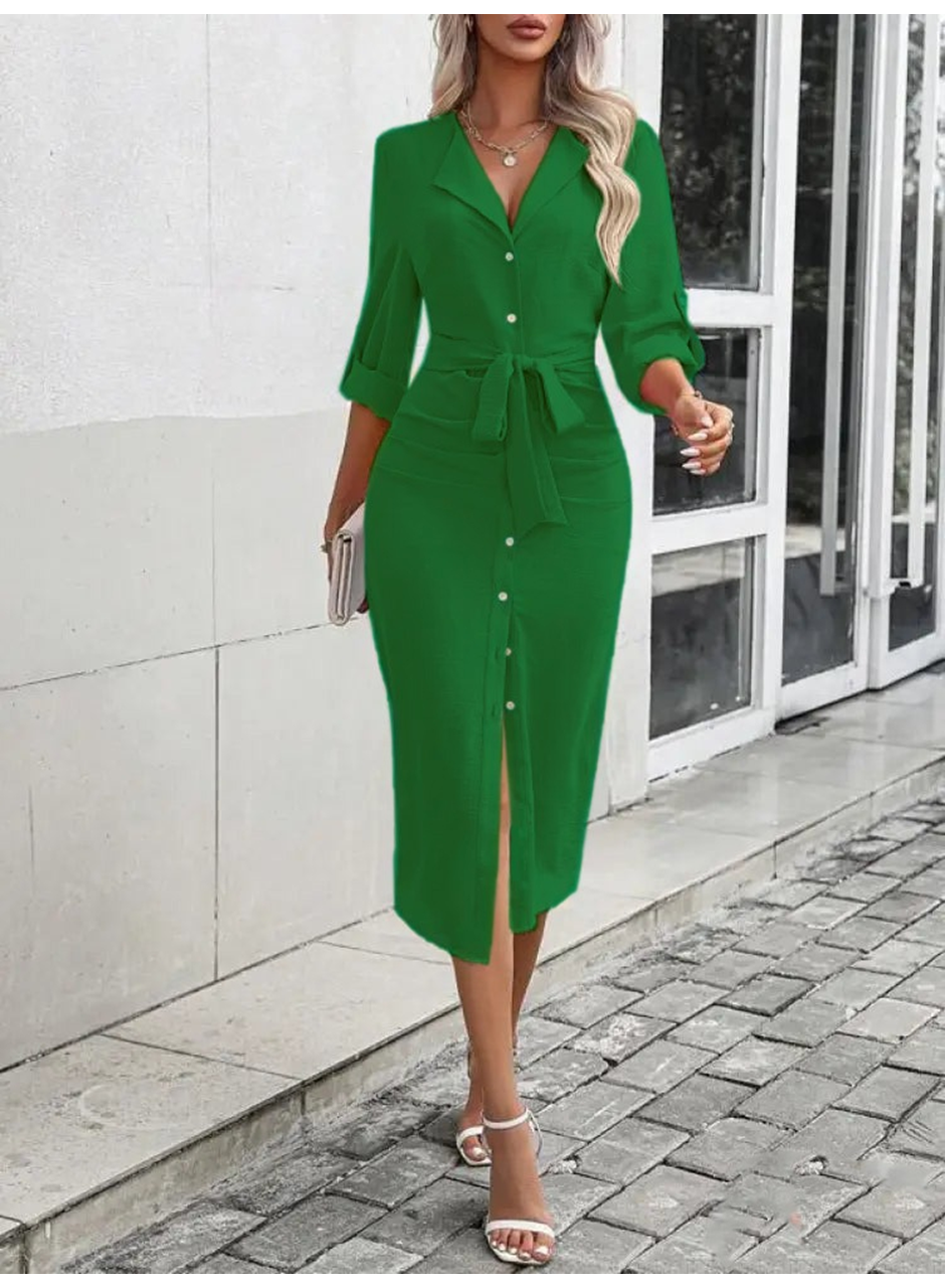 Kadın Uzun Kollu önden Düğmeli Beli Kuşaklı Aerobin Midi Elbise