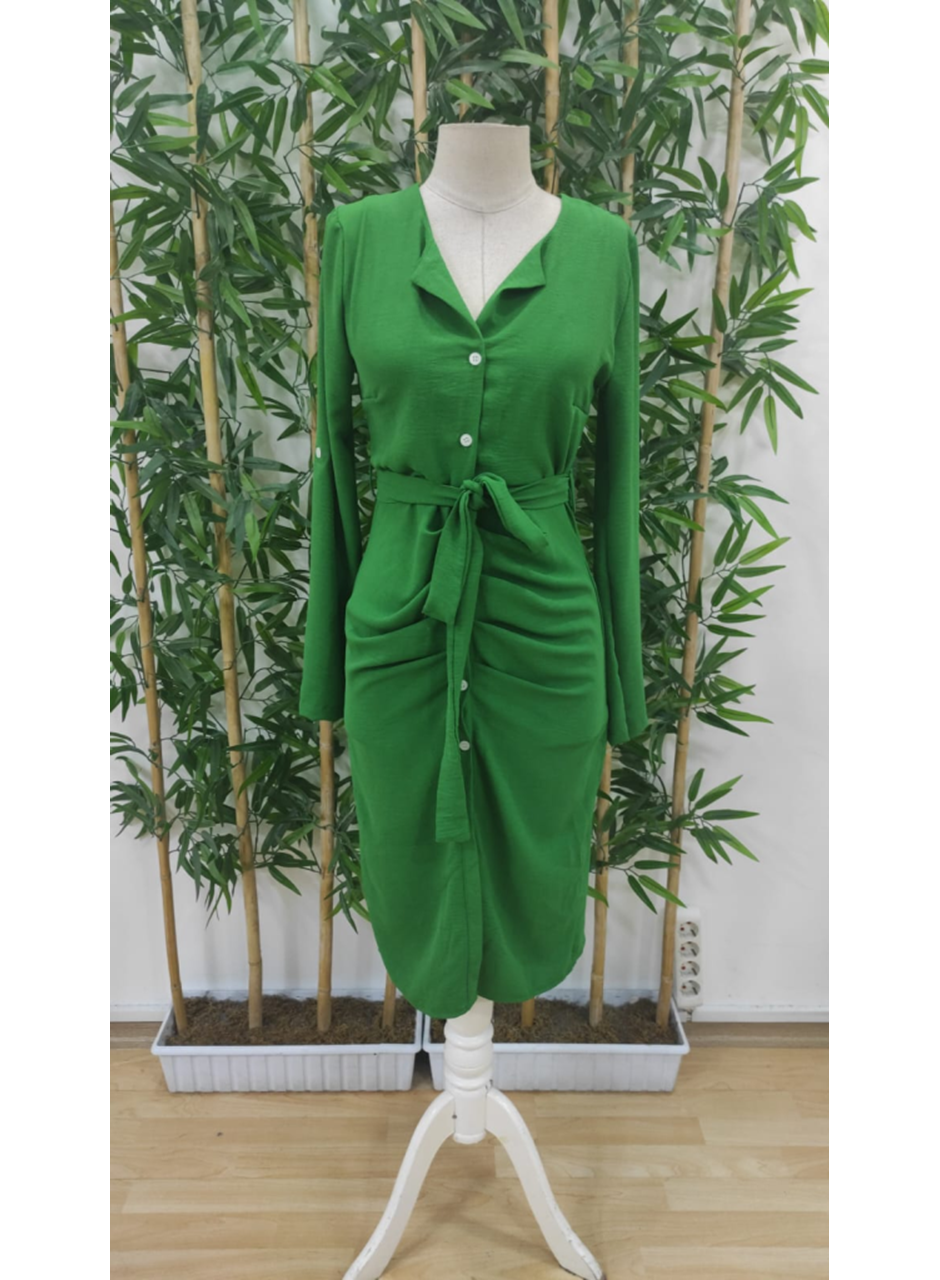 Kadın Uzun Kollu önden Düğmeli Beli Kuşaklı Aerobin Midi Elbise