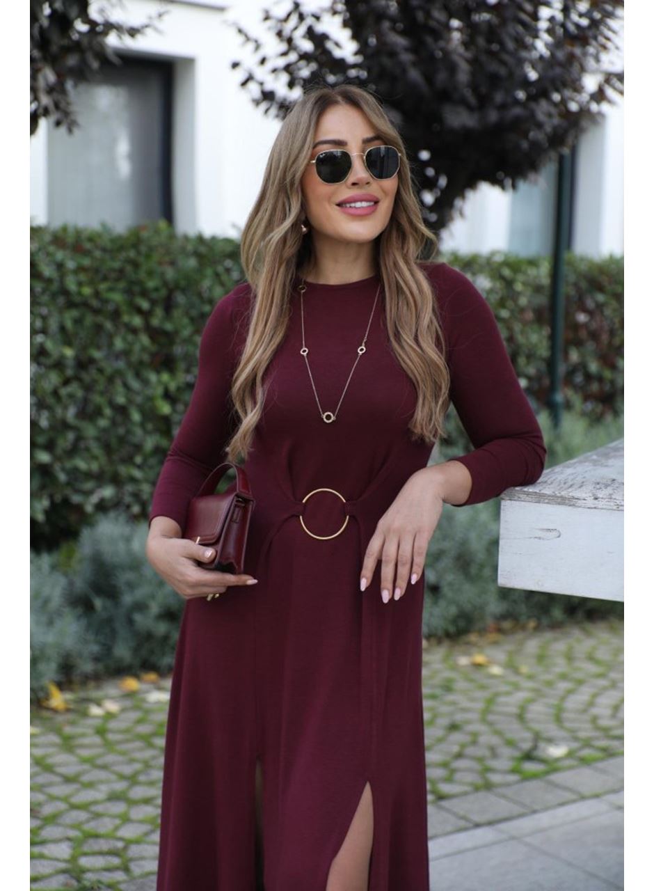 Kadın Uzun Kollu Bisiklet Yaka önden Halka Detaylı Yırtmaçlı Uzun Viskon Iki Iplik Elbise