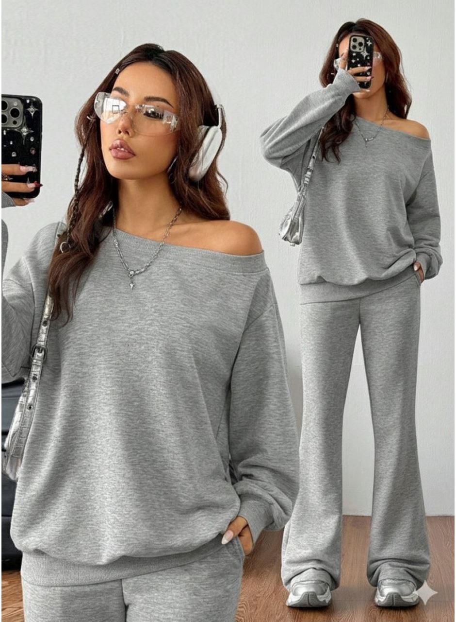 Kadın Uzun Kollu Tek Omuzdan Açık Iki Iplik Bluz Ve Pantolon Ikili Takım