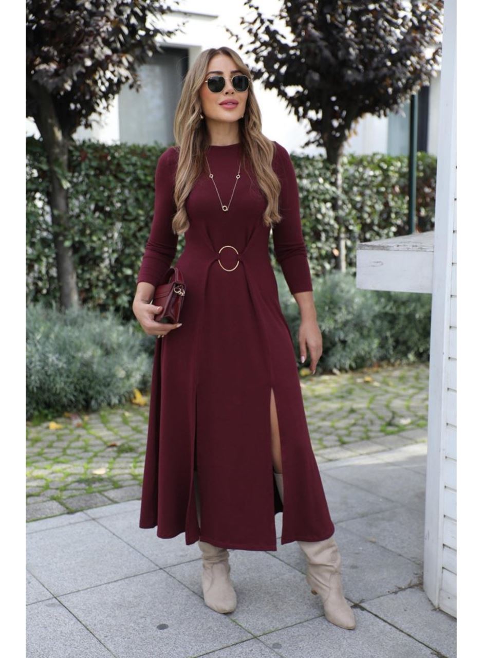 Kadın Uzun Kollu Bisiklet Yaka önden Halka Detaylı Yırtmaçlı Uzun Viskon Iki Iplik Elbise