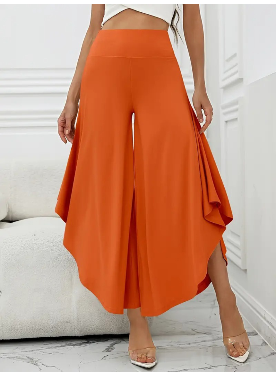 Kadın Yüksek Belli Geniş Paçalı Yanlardan Açık Sandy Pantolon