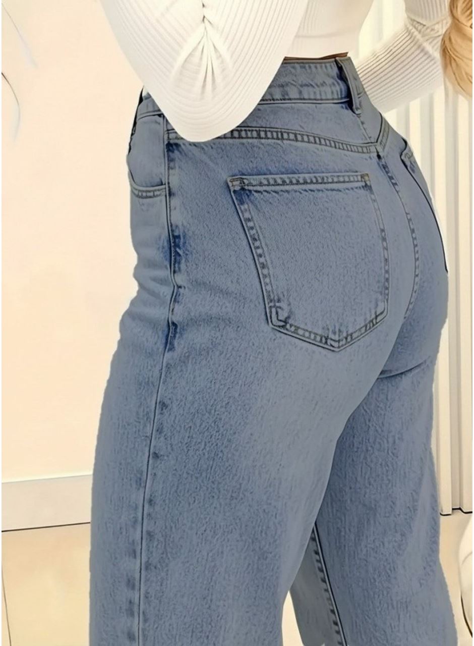 Kadın Yüksek Bel Cepli Paçaya Doğru Geniş Kot Pantolon