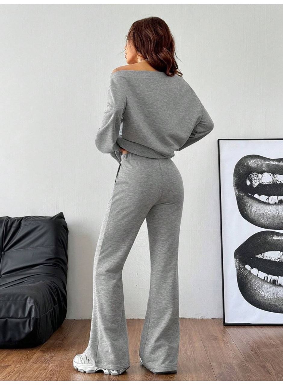 Kadın Uzun Kollu Tek Omuzdan Açık Iki Iplik Bluz Ve Pantolon Ikili Takım