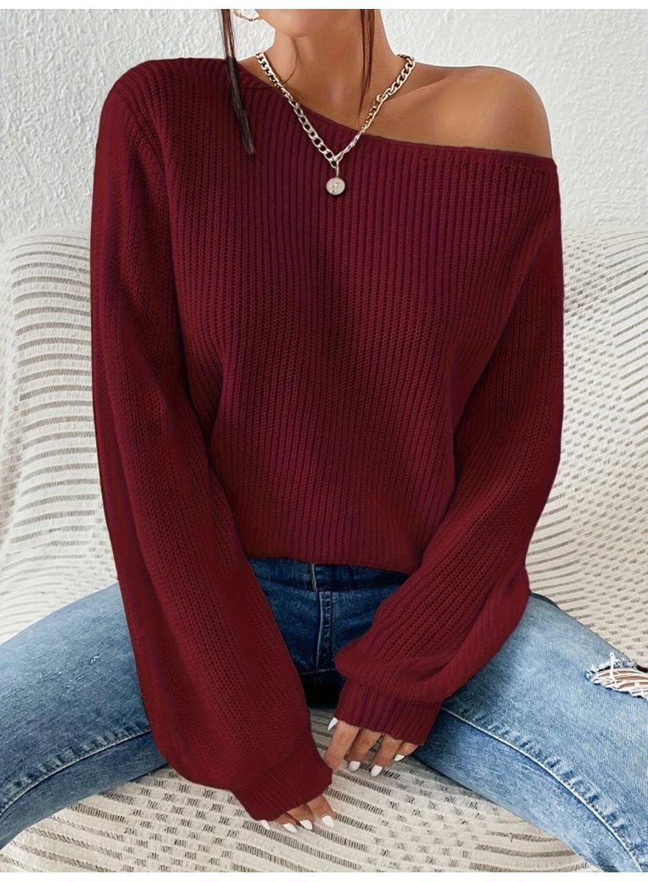 Kadın Uzun Kollu Tek Omuzu Açık Detaylı Triko Bluz