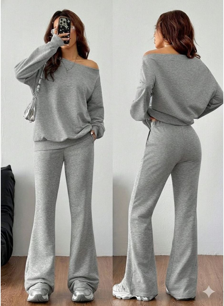 Kadın Uzun Kollu Tek Omuzdan Açık Iki Iplik Bluz Ve Pantolon Ikili Takım