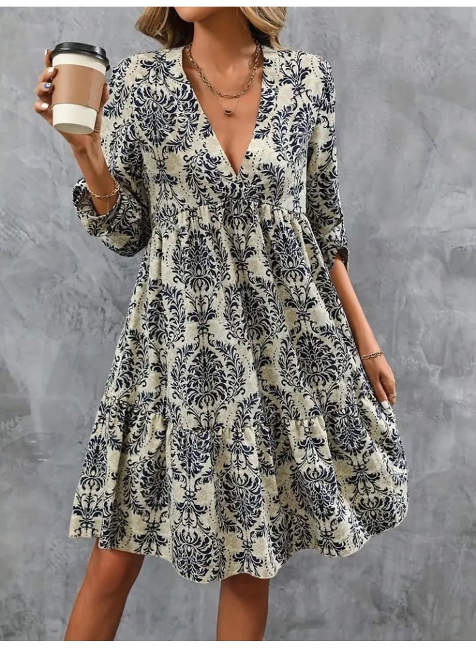 Kadın Uzun Kollu V Yakalı Fırfırlı Mini Süprem Elbise