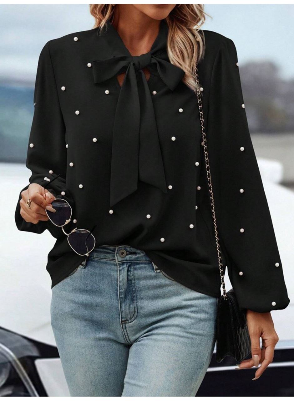 Kadın Uzun Kollu Yakadan Fiyonklu Incili Ithal Krep Bluz