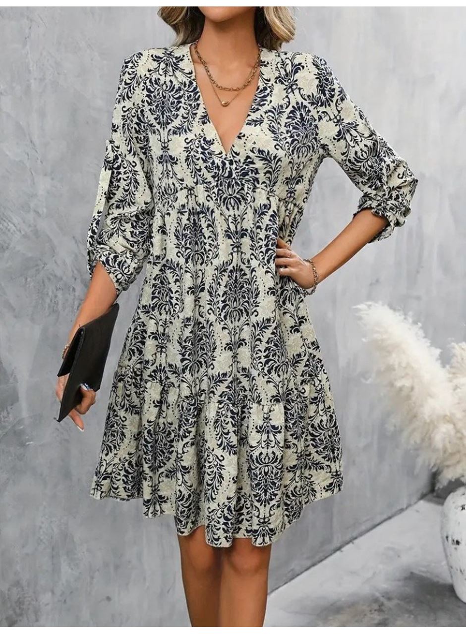 Kadın Uzun Kollu V Yakalı Fırfırlı Mini Süprem Elbise