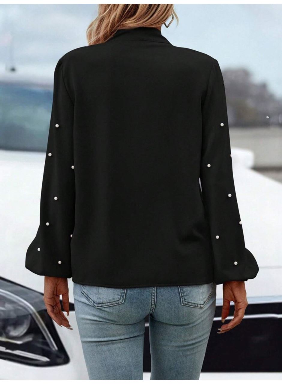 Kadın Uzun Kollu Yakadan Fiyonklu Incili Ithal Krep Bluz