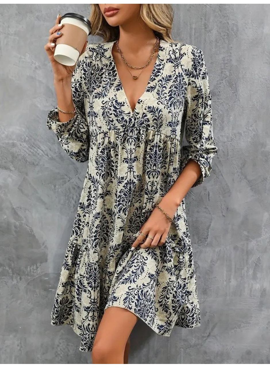 Kadın Uzun Kollu V Yakalı Fırfırlı Mini Süprem Elbise