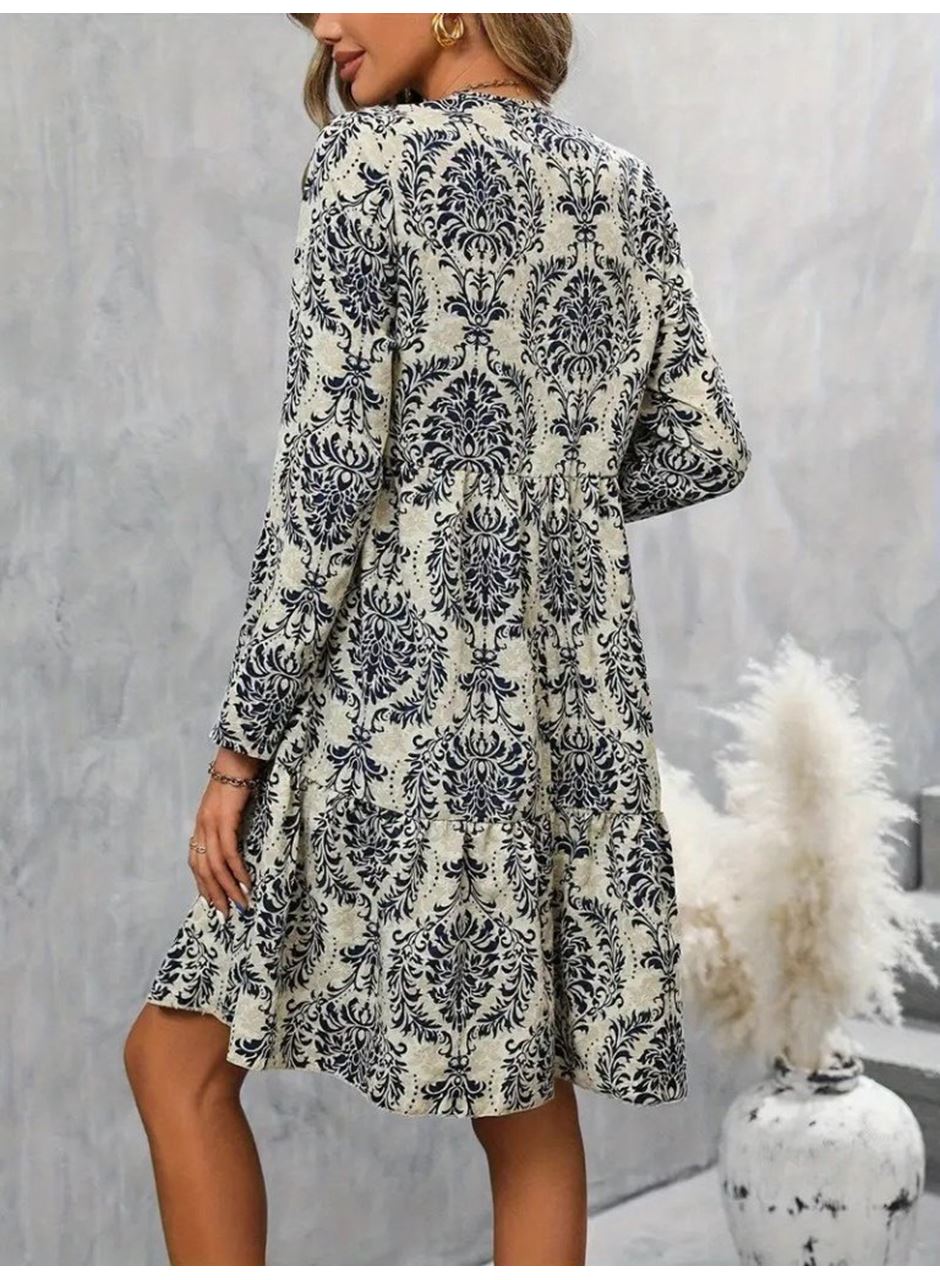 Kadın Uzun Kollu V Yakalı Fırfırlı Mini Süprem Elbise