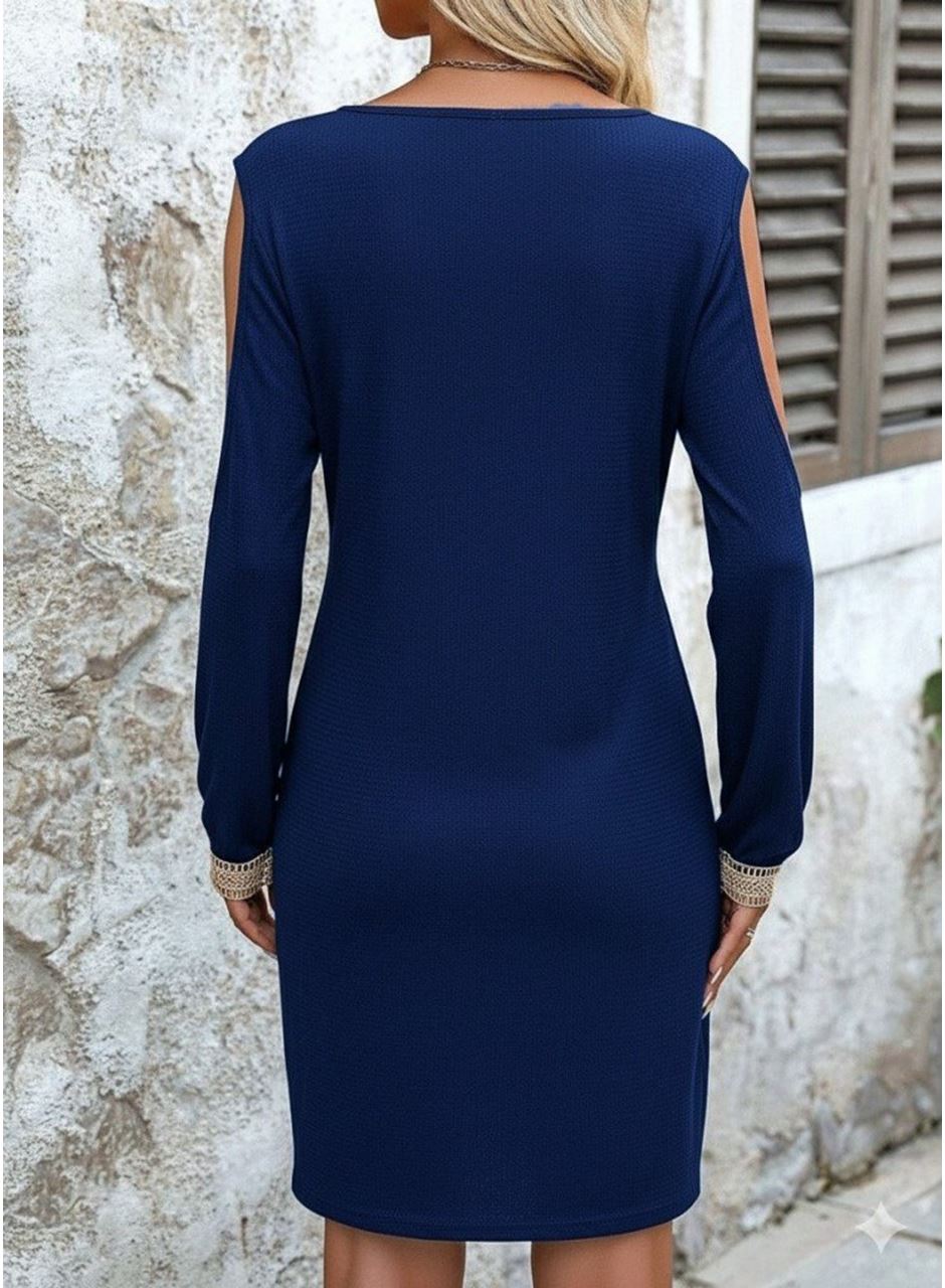 Kadın Uzun Kollu Omuzdan Açık V Dantel Yakalı Mini Waffle Elbise