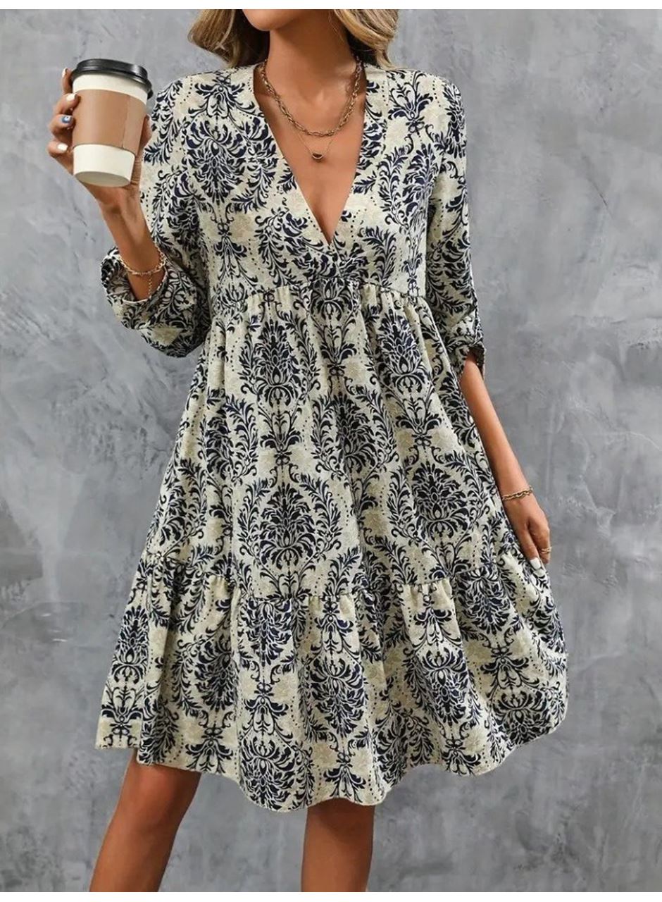 Kadın Uzun Kollu V Yakalı Fırfırlı Mini Süprem Elbise