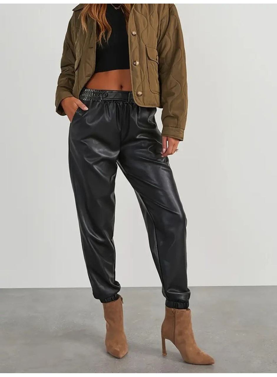 Kadın Yüksek Bel Lastikli önü Düğmeli Deri Pantolon