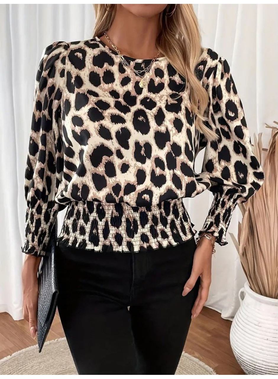 Kadın Uzun Kollu Bisiklet Yaka Leopar Desenli Modal Bluz