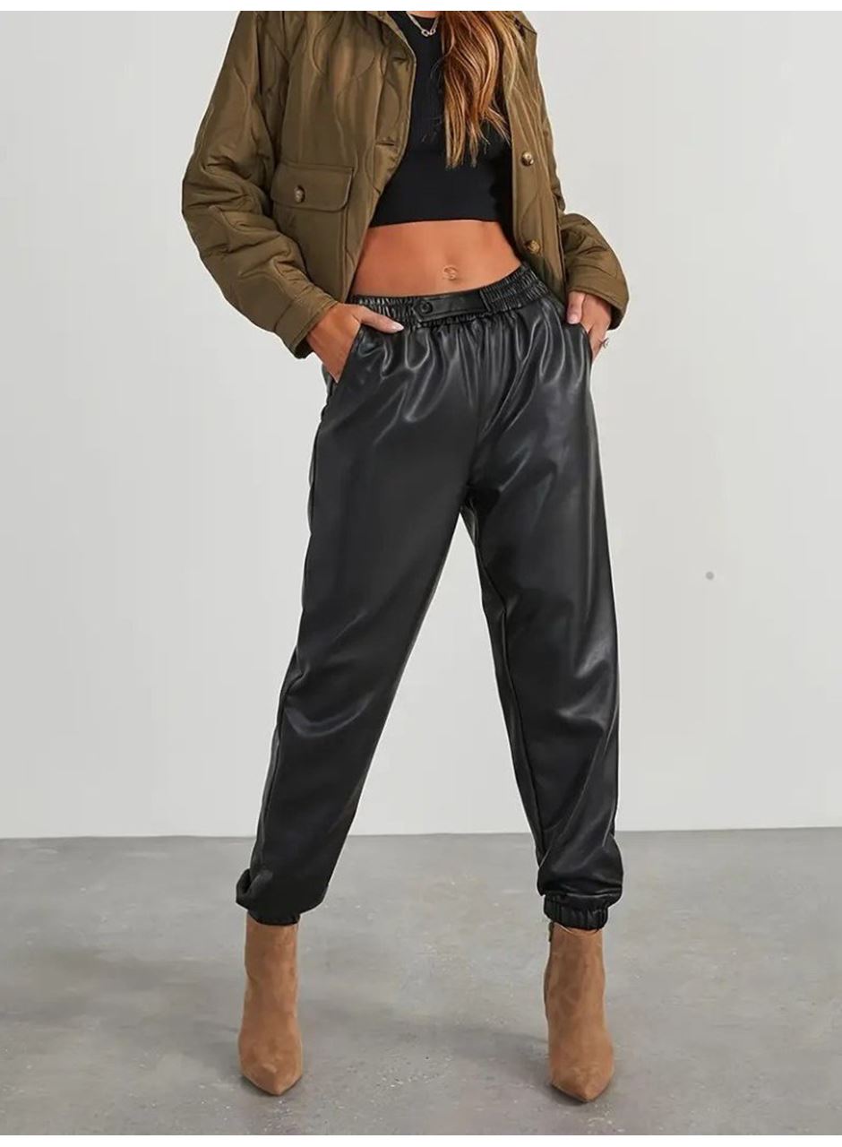Kadın Yüksek Bel Lastikli önü Düğmeli Deri Pantolon