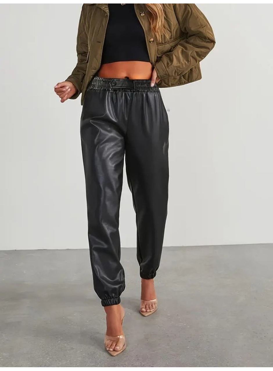Kadın Yüksek Bel Lastikli önü Düğmeli Deri Pantolon