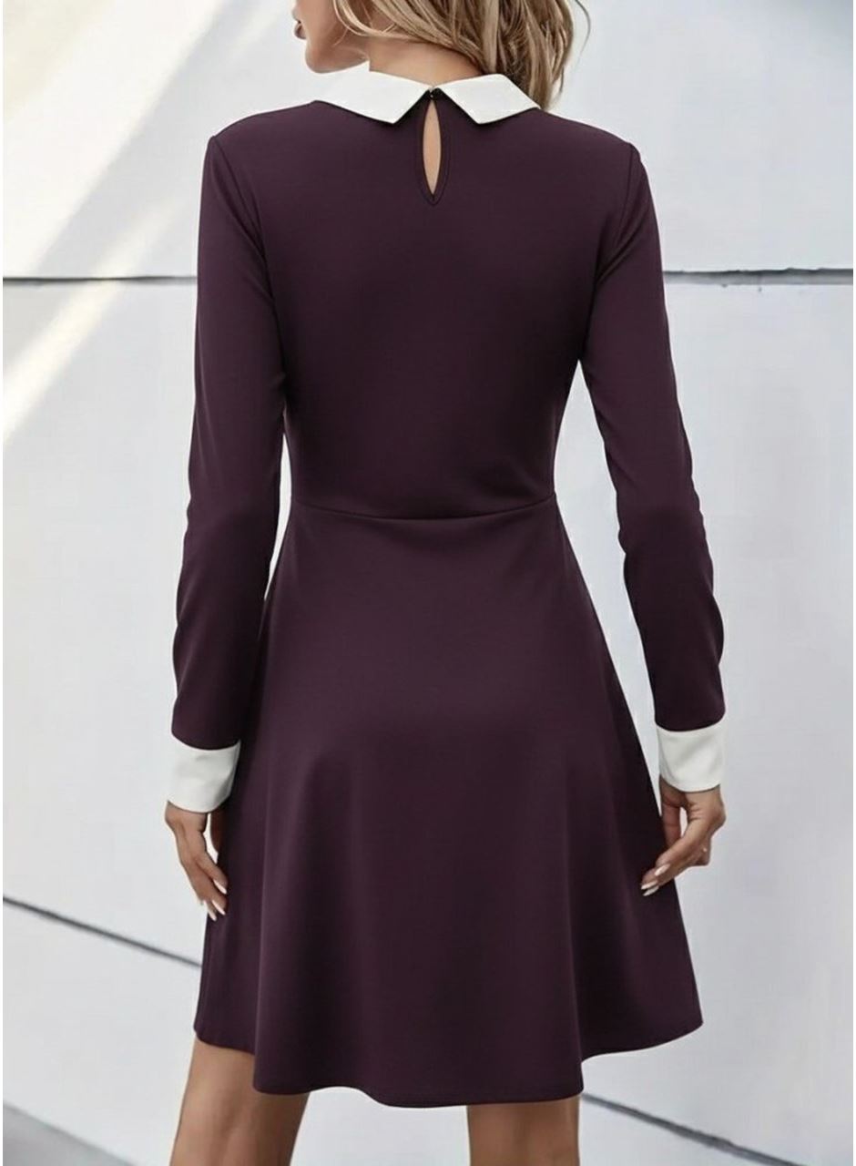 Kadın Uzun Kollu Yakalı Düğmeli Mürdüm Modal Mini Elbise