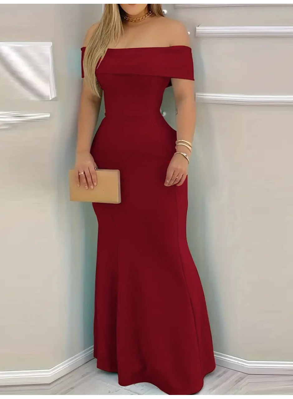 Kadın Kısa Kollu Madonna Yaka Belden Oturtmalı Uzun Ithal Krep Elbise