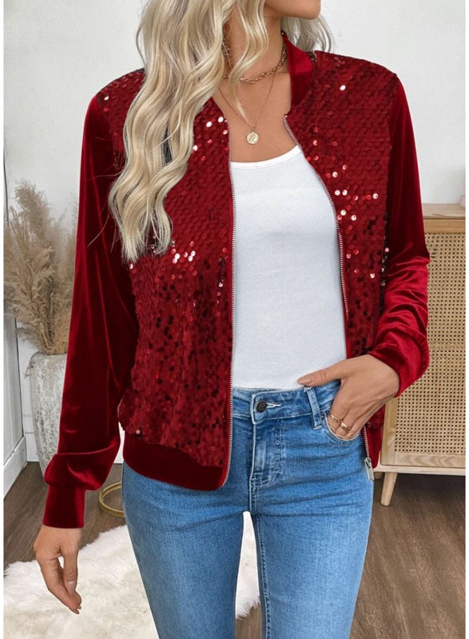 Kadın Uzun Kollu önü Açık Fermuarlı Pulpayetli Kadife Ceket