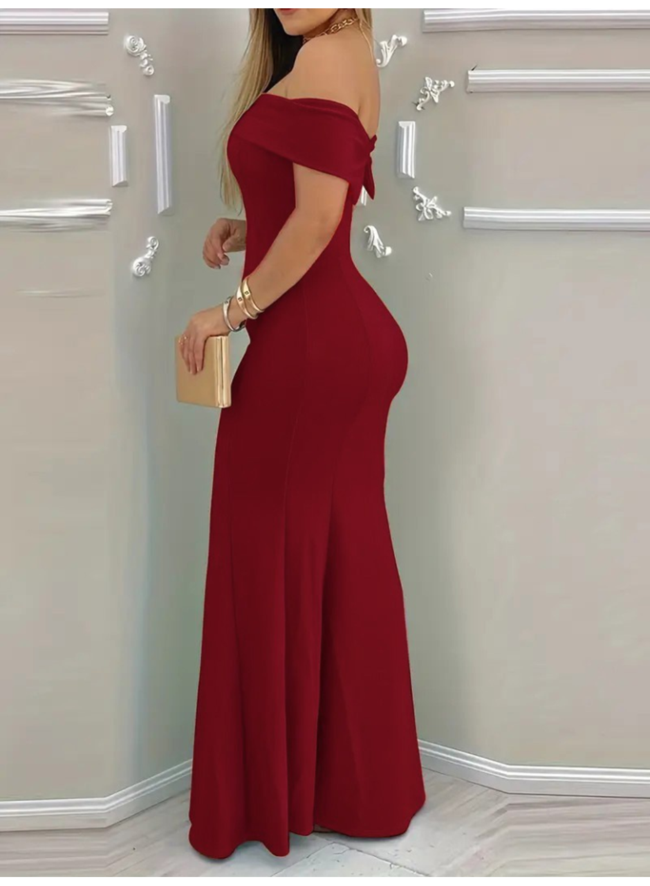 Kadın Kısa Kollu Madonna Yaka Belden Oturtmalı Uzun Ithal Krep Elbise