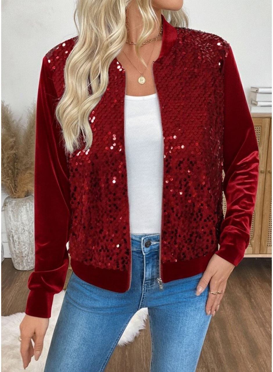 Kadın Uzun Kollu önü Açık Fermuarlı Pulpayetli Kadife Ceket