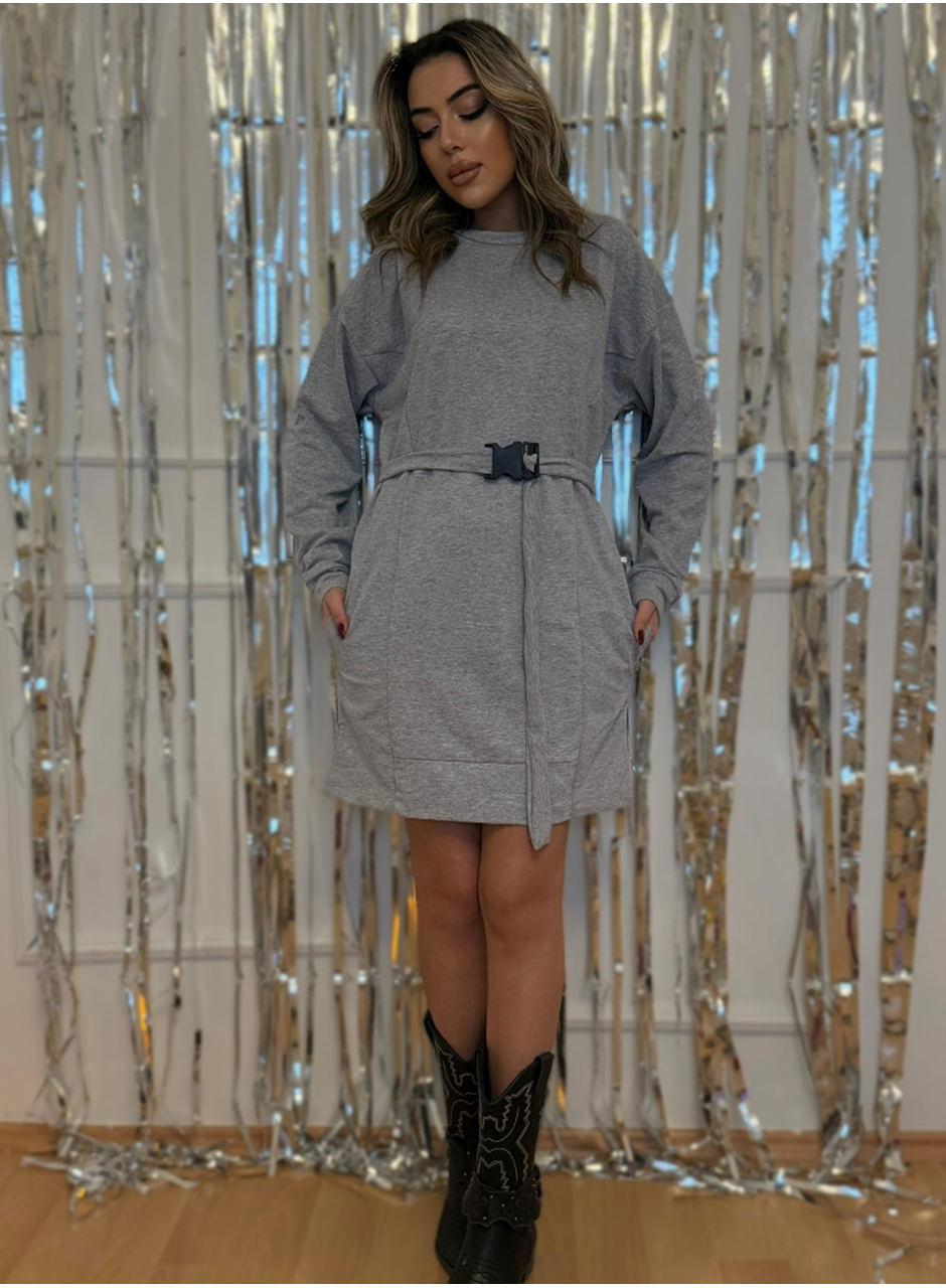 Kadın Uzun Kollu Bisiklet Yaka Kuşaklı Iki Iplik Elbise