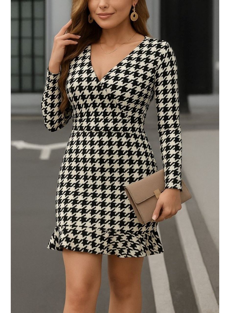 Kadın Uzun Kollu Kruvaze Yaka Kazayağı Mikro Mini Boy Elbise