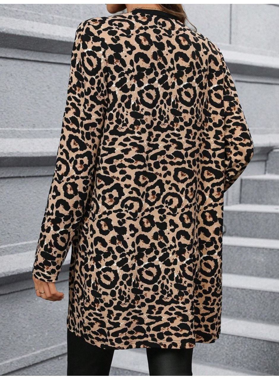 Kadın Uzun Kollu önü Açık Leopar Desenli Modal Ceket