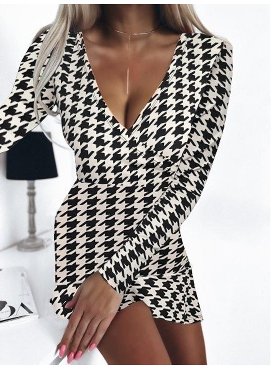 Kadın Uzun Kollu Kruvaze Yaka Kazayağı Mikro Mini Boy Elbise