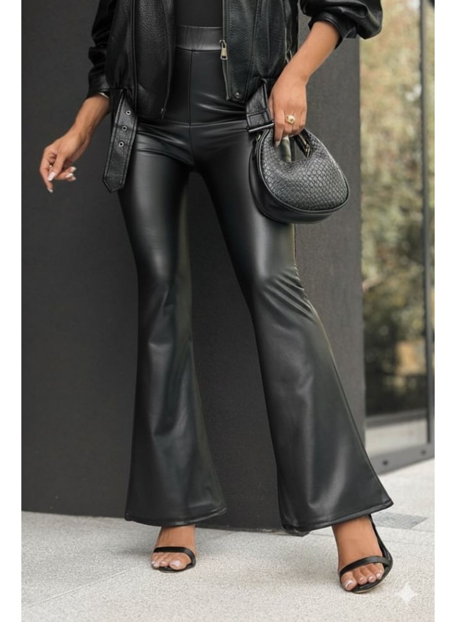 Kadın Yüksek Bel İspanyol Paçalı Deri Pantolon