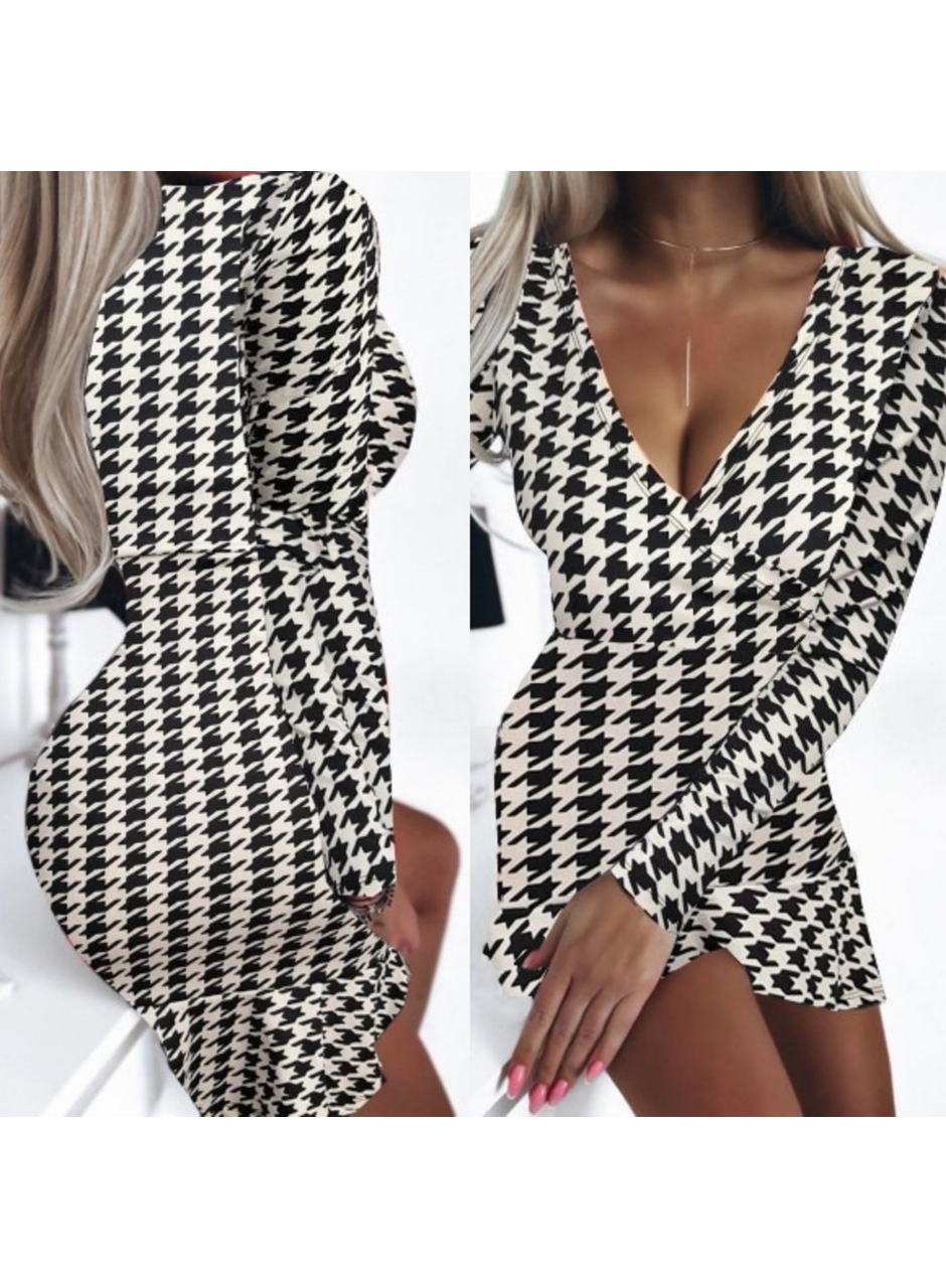 Kadın Uzun Kollu Kruvaze Yaka Kazayağı Mikro Mini Boy Elbise