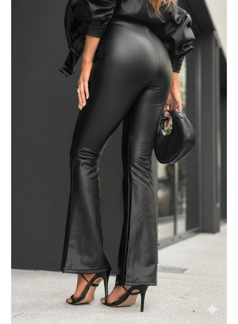 Kadın Yüksek Bel İspanyol Paçalı Deri Pantolon