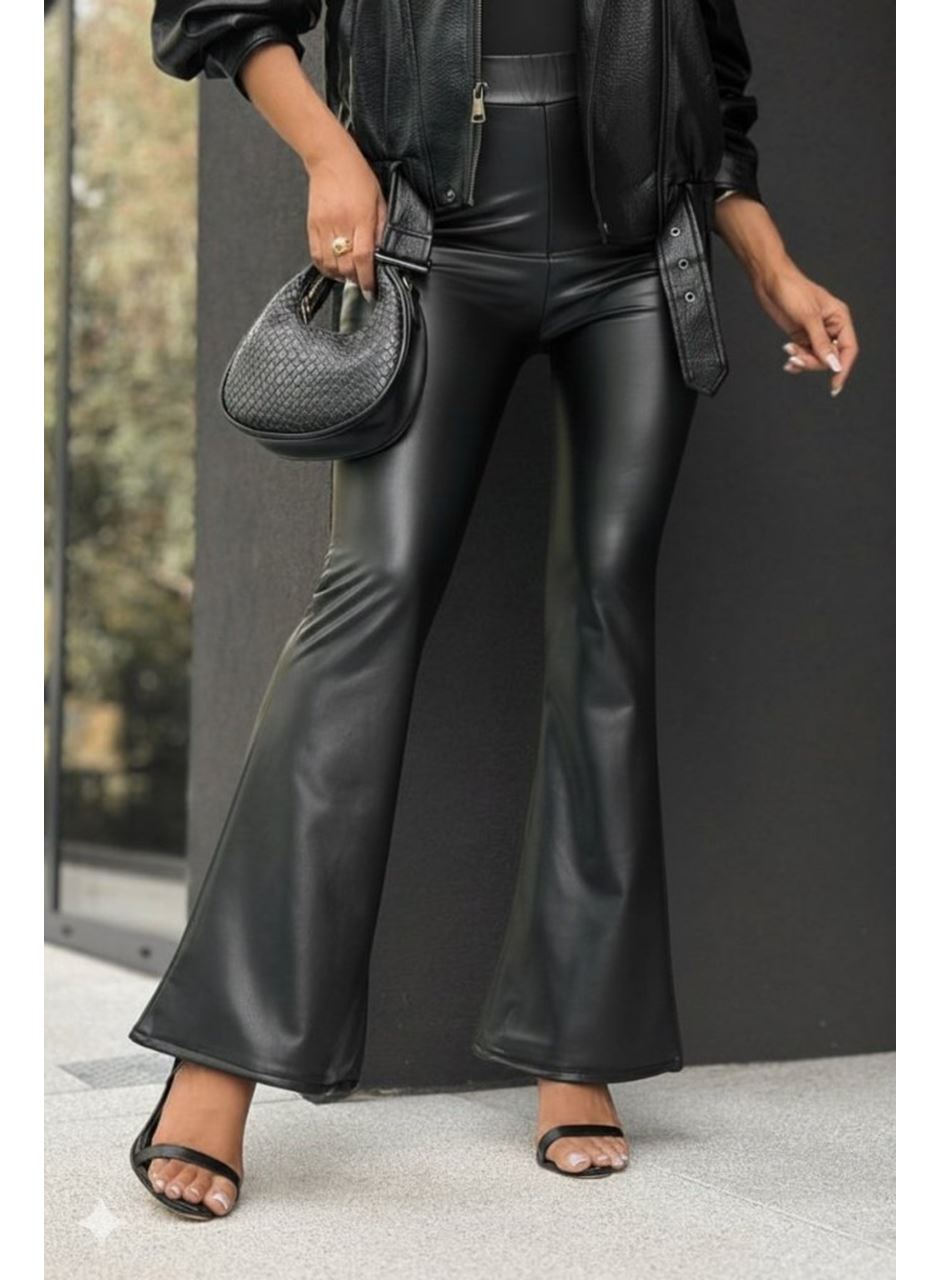 Kadın Yüksek Bel İspanyol Paçalı Deri Pantolon