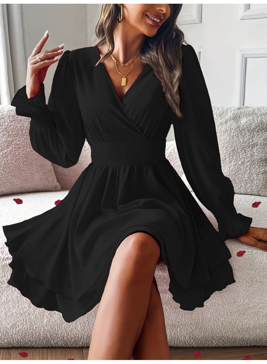 Kadın Uzun Kollu Kruvaze Yakalı Mini Sandy Elbise