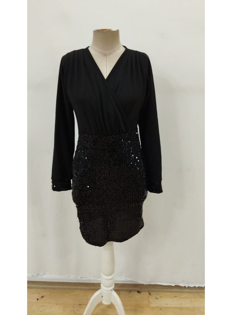 Kadın Uzun Kollu Kruvaze Yakalı üst Ithal Krep Alt Pulpayetli Mini Ithal Krep Elbise