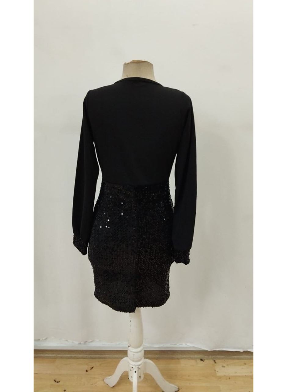 Kadın Uzun Kollu Kruvaze Yakalı üst Ithal Krep Alt Pulpayetli Mini Ithal Krep Elbise