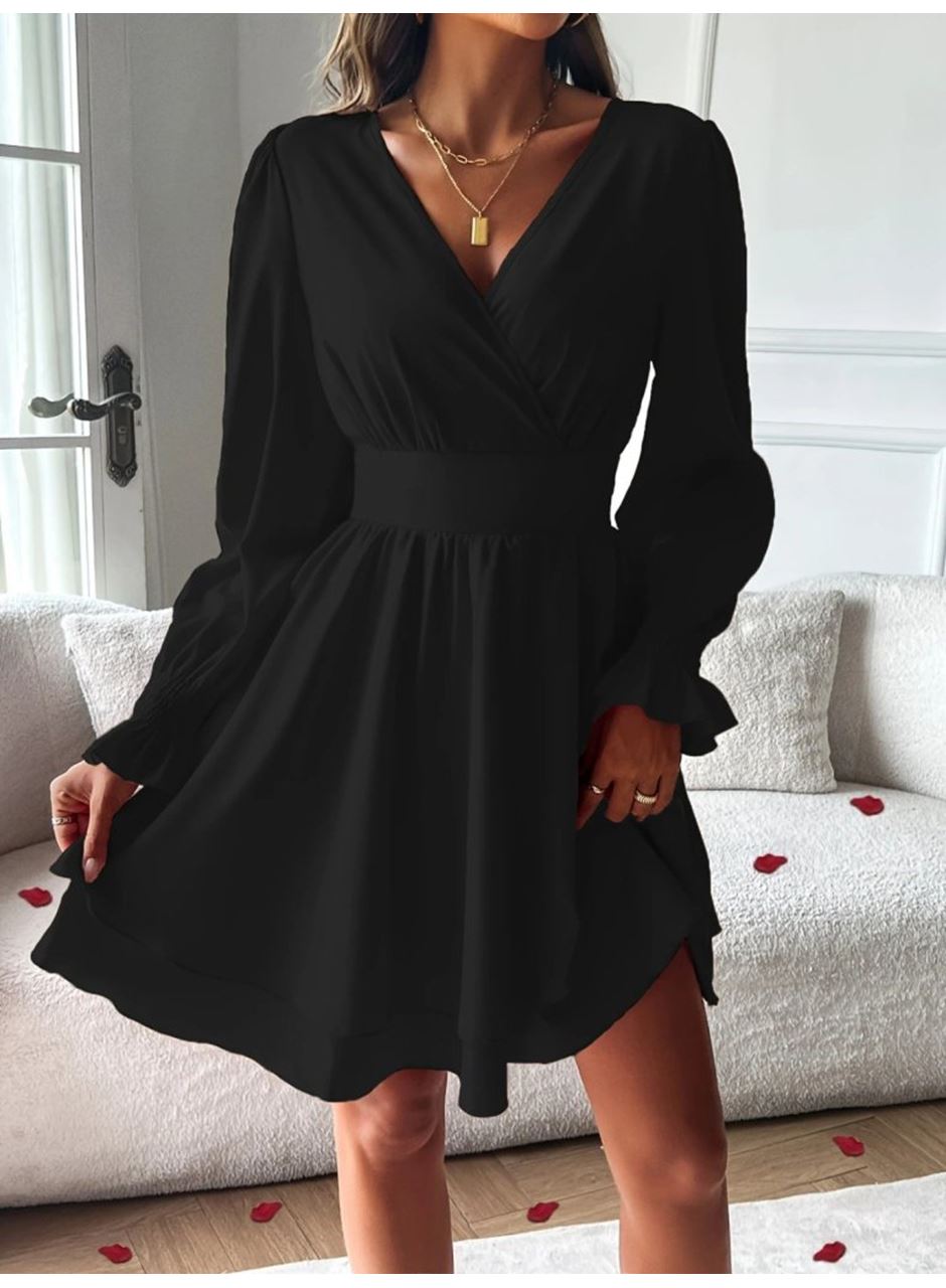 Kadın Uzun Kollu Kruvaze Yakalı Mini Sandy Elbise