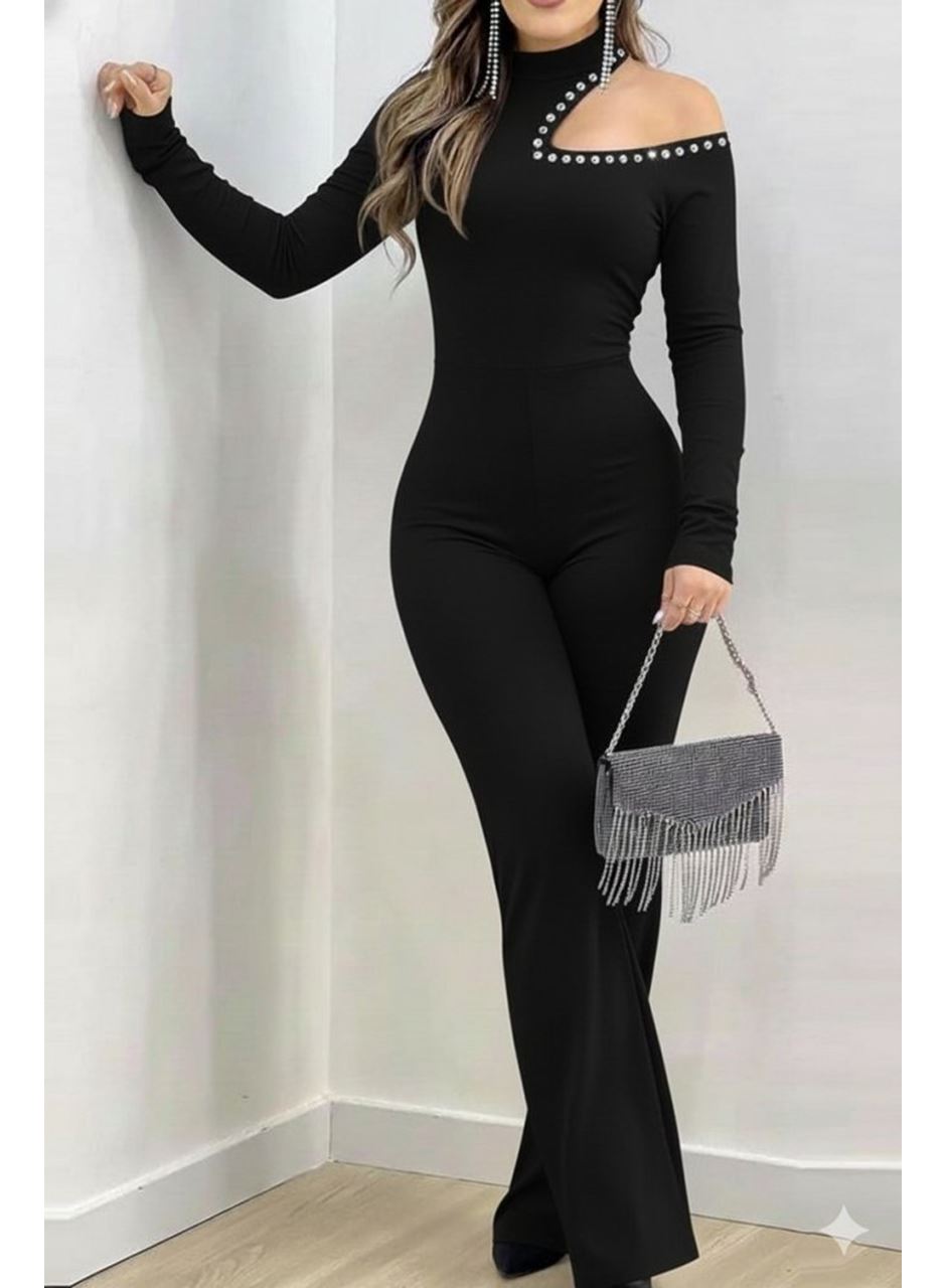 Kadın Tek Omuzdan Açık Balıkçı Yaka Taş Detaylı Uzun Ithal Krep Tulum