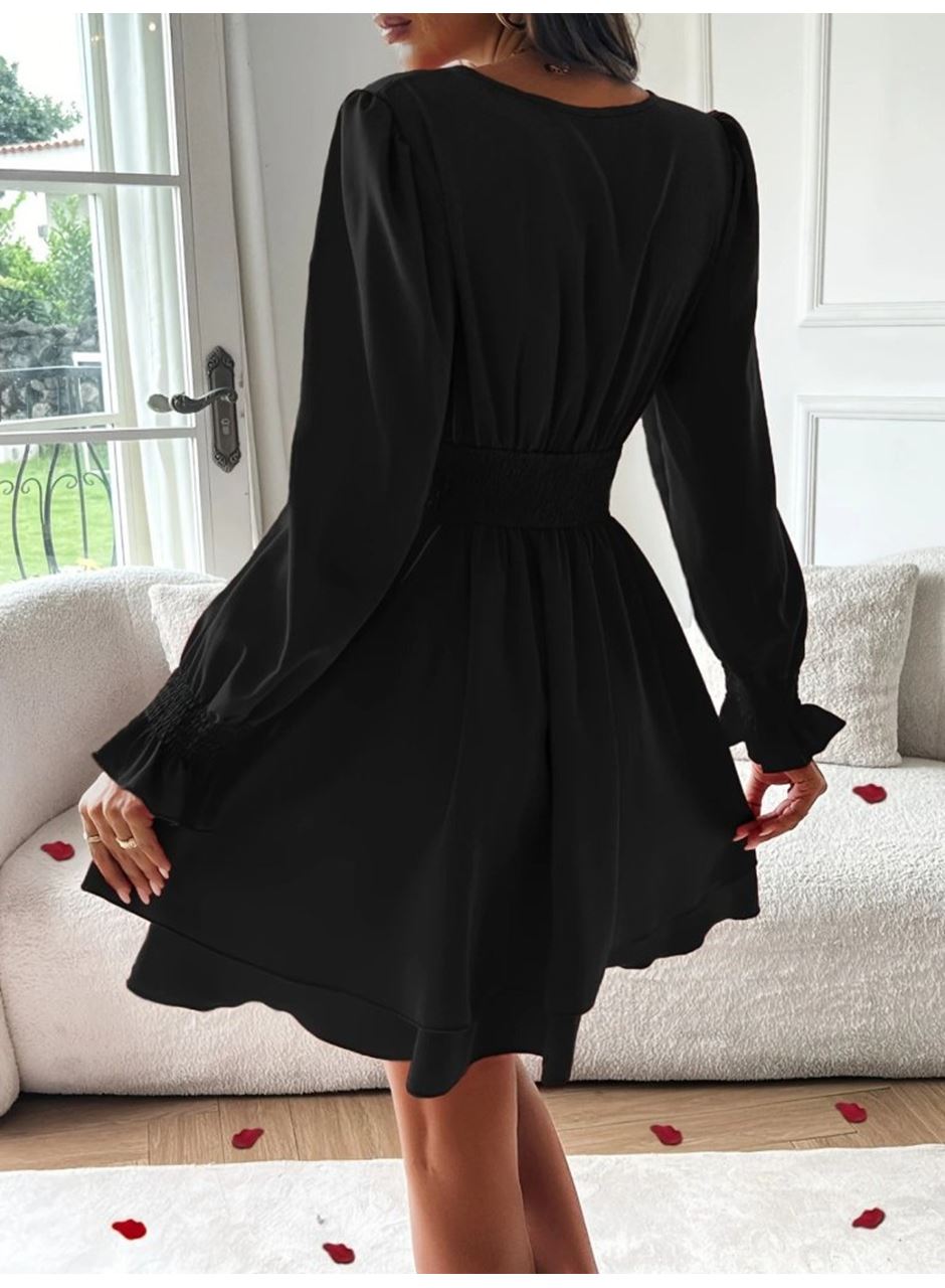 Kadın Uzun Kollu Kruvaze Yakalı Mini Sandy Elbise