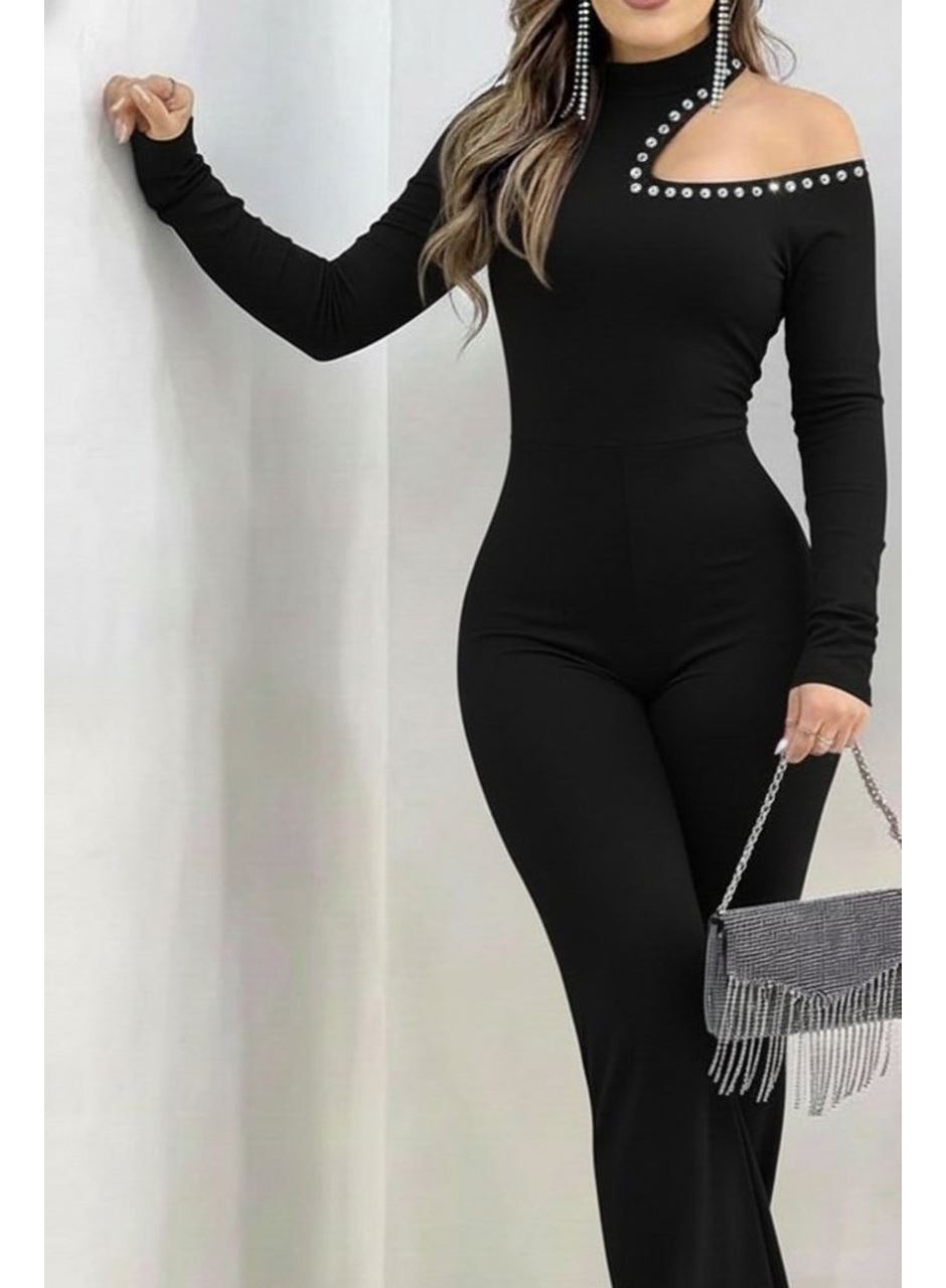 Kadın Tek Omuzdan Açık Balıkçı Yaka Taş Detaylı Uzun Ithal Krep Tulum