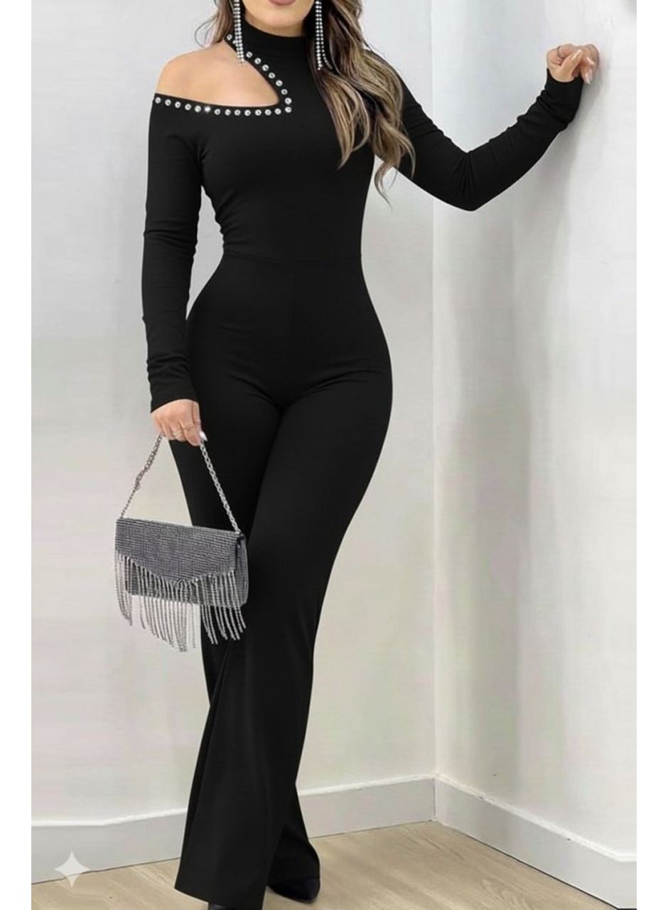 Kadın Tek Omuzdan Açık Balıkçı Yaka Taş Detaylı Uzun Ithal Krep Tulum