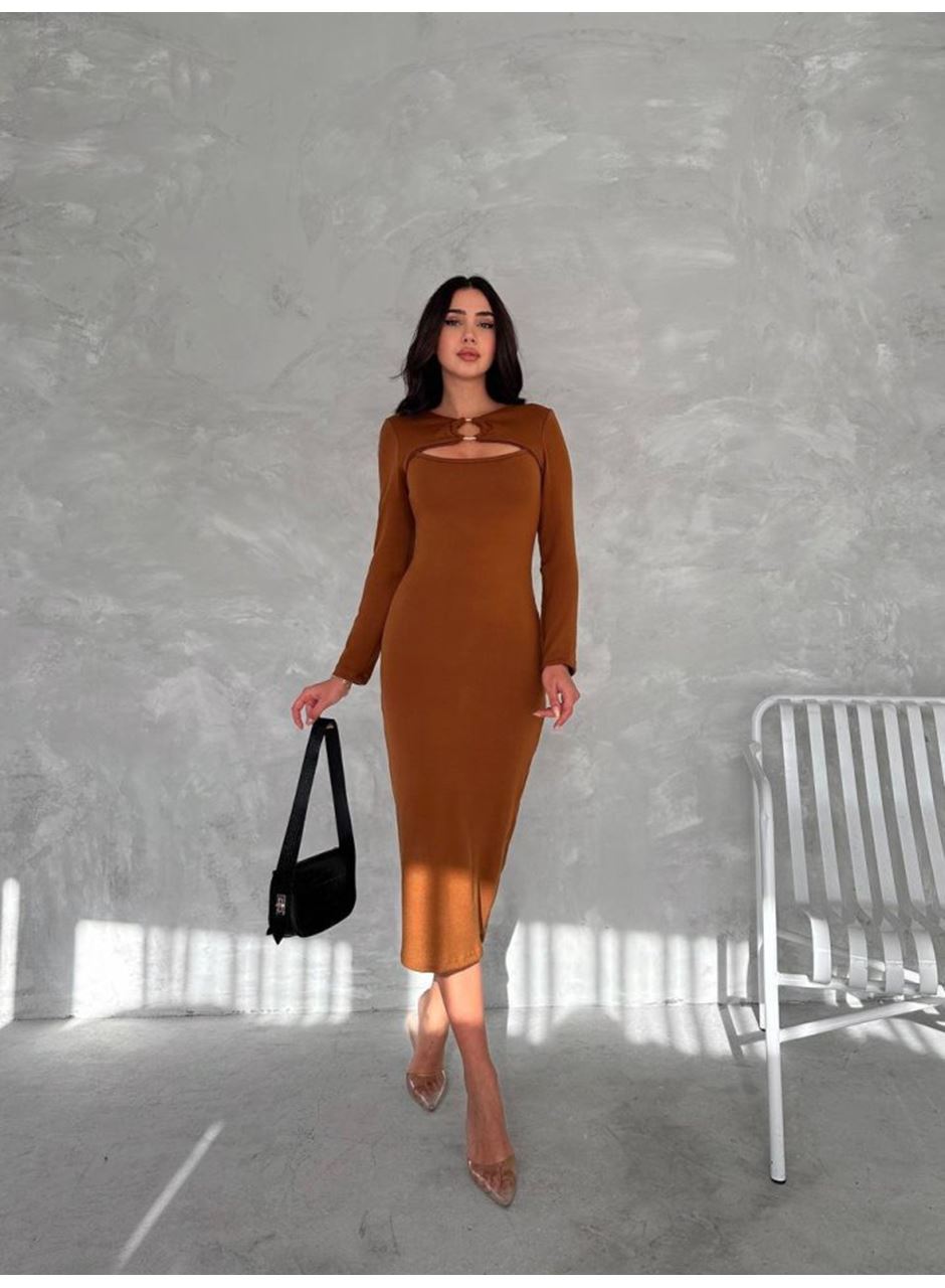 Kadın Uzun Kollu Halka Ve Pencere Dekolte Detay Fırsat ürün Midi Boy Elbise