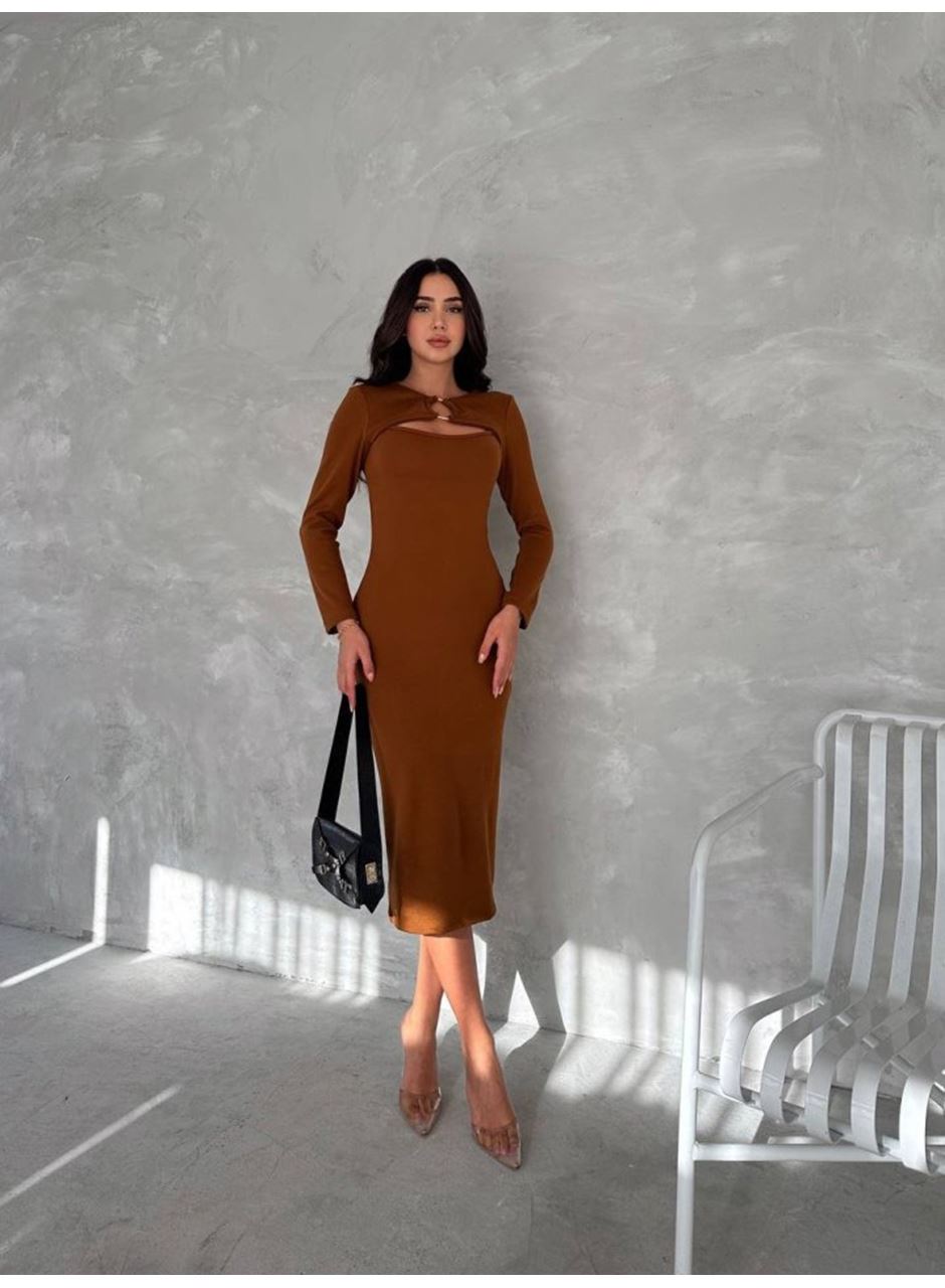 Kadın Uzun Kollu Halka Ve Pencere Dekolte Detay Fırsat ürün Midi Boy Elbise