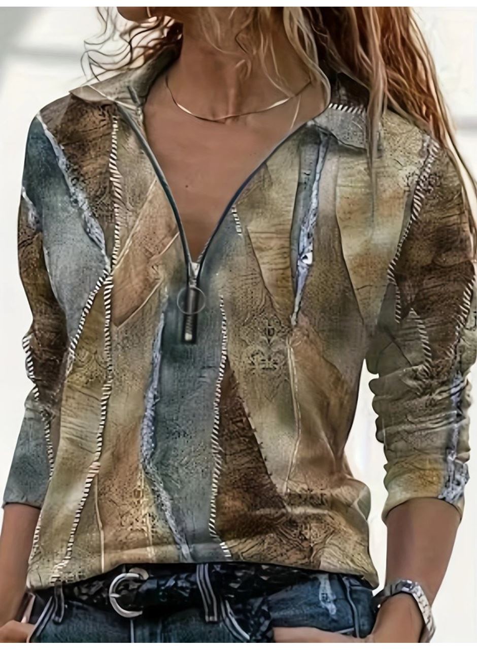 Kadın Uzun Kollu önden Fermuarlı Iki Iplik Bluz